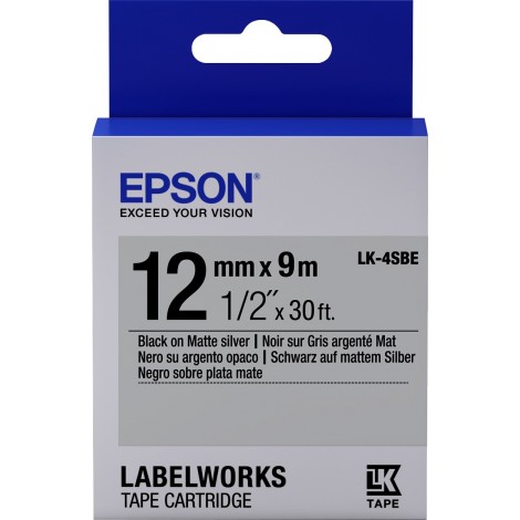 Epson Nastro per etichettatrice LK4SBE, nero su argento opaco, 12mm x 9m