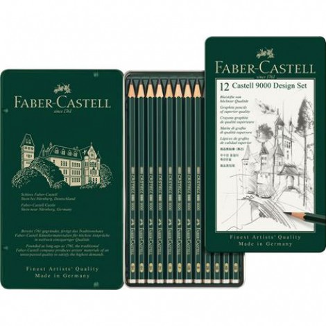 Faber Castell 9000 - Set da 12 matite in grafite, fusto esagonale, gradazione 5B,4B,3B,2B,B,HB,F,H,2H,3H,4H,5H - 1Conf.