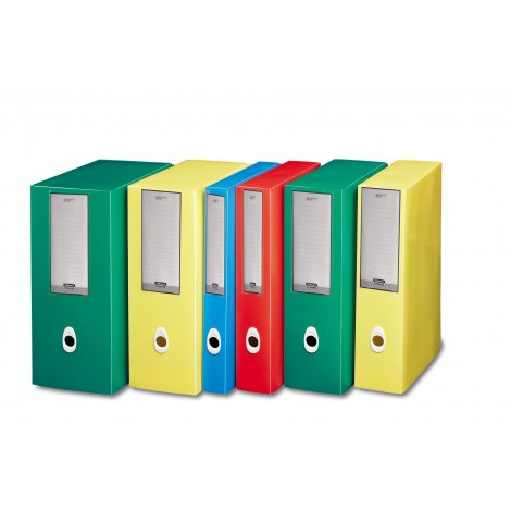 Fellowes Plus - Scatola progetti con chiusura a bottoni e porta etichetta, dorso 6cm, colore giallo - Prezzo singolo, ord. minimo 5pz