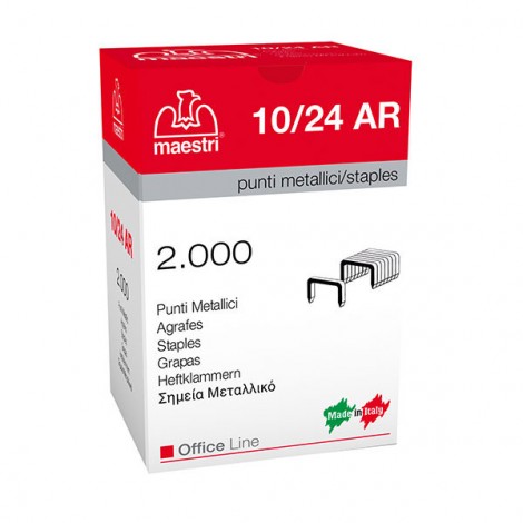 Maestri 10/24 AR - Punti per cucitrici - Scatola 2000 punti in filo metallico, lunghezza gamba 24mm per cucire fino a 200 fogli - 1pz