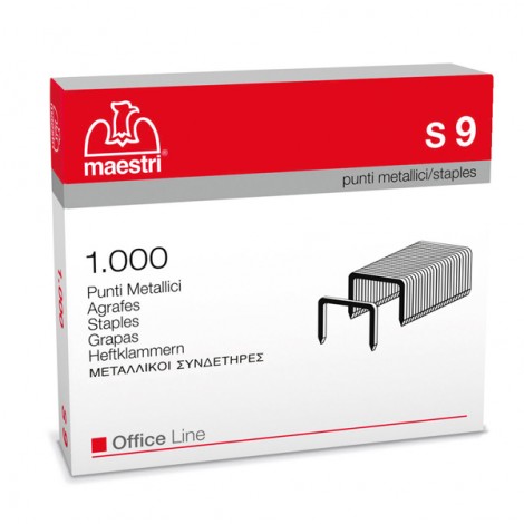 Maestri 23/9 S9 - Punti per cucitrici - Scatola 1000 punti in filo metallico, lunghezza gamba 9mm per cucire fino a 75 fogli - Prezzo singolo, ord. minimo 10pz