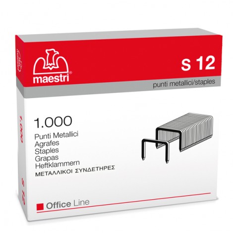 Maestri 23/12 S12 - Punti per cucitrici - Scatola 1000 punti in filo metallico, lunghezza gamba 12mm per cucire fino a 100 fogli - Prezzo singolo, ord. minimo 10pz