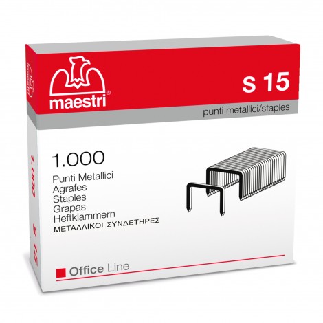 Maestri 23/15 S15 - Punti per cucitrici - Scatola 1000 punti in filo metallico, lunghezza gamba 15mm per cucire fino a 125 fogli - 1pz
