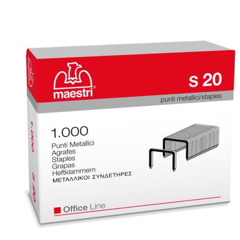 Maestri 23/20 S20 - Punti per cucitrici - Scatola 1000 punti in filo metallico, lunghezza gamba 20mm per cucire fino a 170 fogli - 1pz