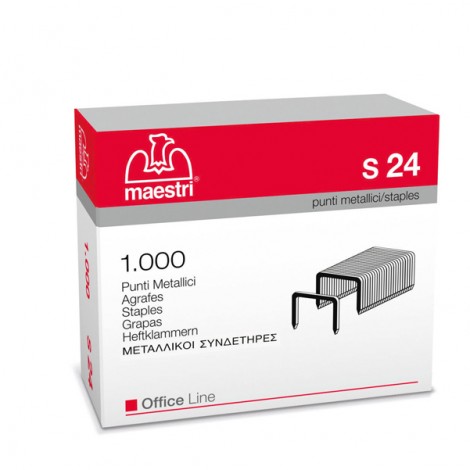 Maestri 23/24 S24 - Punti per cucitrici - Scatola 1000 punti in filo metallico, lunghezza gamba 24mm per cucire fino a 200 fogli - 1pz