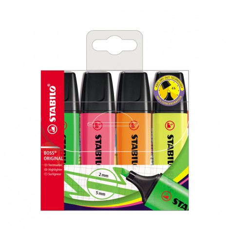 Stabilo Evidenziatore BOSS ORIGINAL, punta a scalpello, inchiostro a base d`acqua, tratto 2-5mm, colori assortiti - 4pz – 70/4