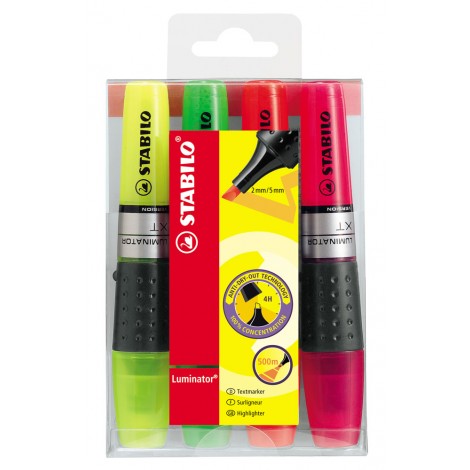 Stabilo Evidenziatore LUMINATOR, punta a scalpello, inchiostro a base d`acqua, serbatoio XXL a vista con indicatore di livello, tratto 2-5mm, colori assortiti - 4pz  – 71/4
