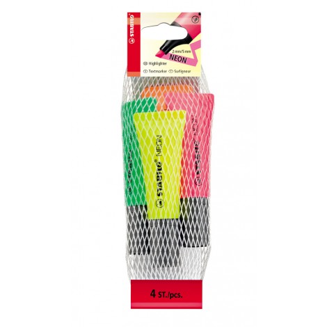 Stabilo Evidenziatore NEON, punta a scalpello, inchiostro a base d`acqua, tratto 2-5mm, colori assortiti – 72/4-1