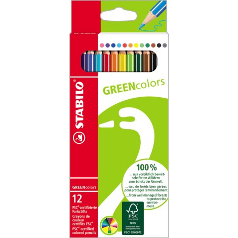 Stabilo Astuccio con 12 pastelli GREENCOLORS, fusto in legno, verniciatura opaca, mina 2,5mm, colori assortiti  - 6019/2-121