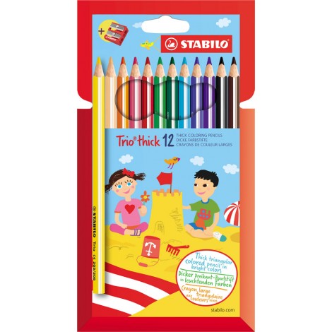 Stabilo Astuccio con 12 pastelli Trio Thick, fusto triangolare maxi e mina da 4,2mm, con temperino - 203/2-12