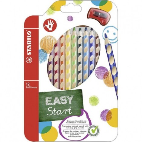 Stabilo Astuccio con 12 pastelli EASYCOLORS DX, fusto triangolare in legno, dotate di scanalature antiscivolo, sagomate per la mano destra, tratto 4,2mm, con temperino - 332/12