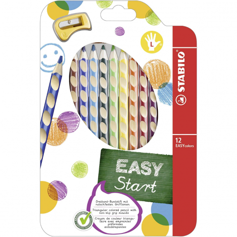 Stabilo Astuccio con 12 pastelli EASYCOLORS SX, fusto triangolare in legno, dotate di scanalature antiscivolo, sagomate per la mano sinistra, tratto 4,2mm, con temperino - 331/12