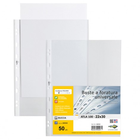 Sei Buste ATLA in PPL forate, finitura a buccia d`arancia, formato utile 22x30cm, medio spessore, confezione da 50pz - 662212