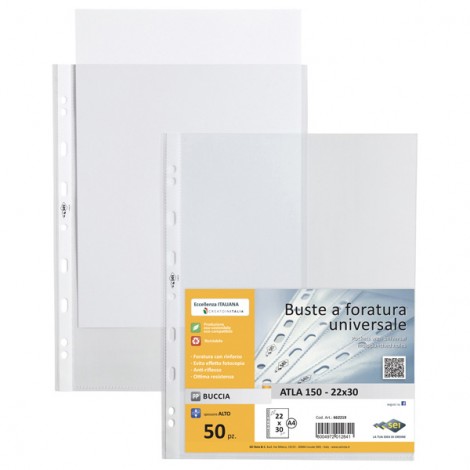 Sei Buste ATLA in PPL forate, finitura a buccia d`arancia, formato utile 22x30cm, alto spessore, confezione da 50pz - 662219
