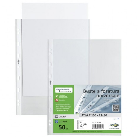 Sei Buste ATLA in PPL forate, finitura liscia, formato utile 22x30cm, medio spessore, confezione da 50pz - 662214