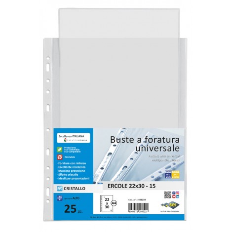 Sei Buste ERCOLE in PVC forate, finitura liscia, formato utile 22x30cm, confezione da 25pz - 502230