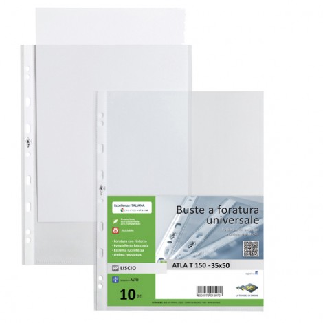 Sei Buste ATLA in PPL forate, finitura liscia, formato utile 35x50cm, alto spessore, foratura sul lato lungo, confezione da 10pz - 663515