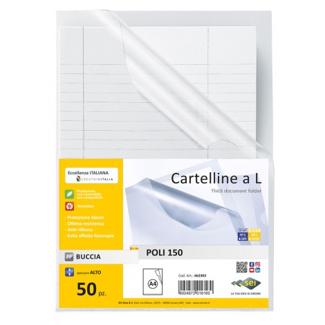 Sei Cartelline a L Poli A4 in PP, finitura a buccia d`arancia con lunetta laterale per facilitare l`inserimento o l`estrazione - 50pz - 662303