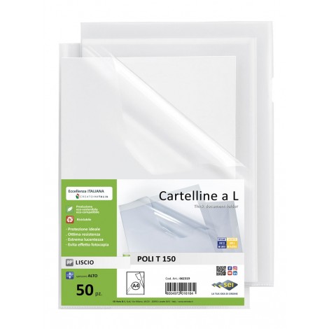 Sei Cartelline a L Poli T 23,2x32,2cm in PP, finitura a buccia d`arancia con lunetta laterale per facilitare l`inserimento o l`estrazione - 50pz - 662319