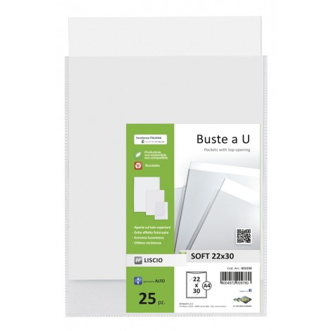 Sei Buste a sacco SOFT in PPL liscio, alto spessore, aperte sul lato superiore, formato utile 22x30cm, colore trasparente  - 25pz - 652230