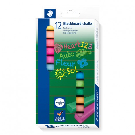 Staedtler Astuccio 12 gessi colorati per lavagna, carta e cartoncino da disegno, 13mm x 90mm - rivestiti singolarmente da fascetta di carta - 2360