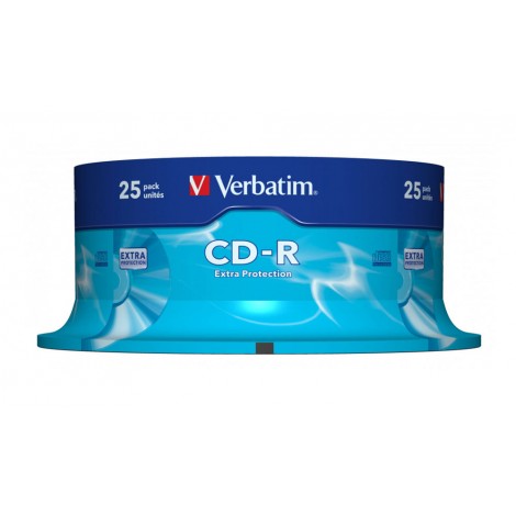 Verbatim 25 CD-R 700MB con velocità 52x e durata 80min con superficie extra protection ed uno strato di argento per prestazioni superiori, in campana