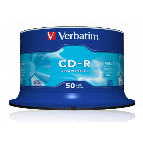 Verbatim 50 CD-R 700MB con velocità 52x e durata 80min con superficie extra protection ed uno strato di argento per prestazioni superiori, in campana