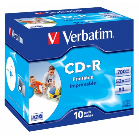 Verbatim 10 CD-R 700MB con velocità 52x e durata 80min con tecnologia AZO per protezione contro raggi UV, superficie stampabile, strato di argento per prestazioni superiori, in case