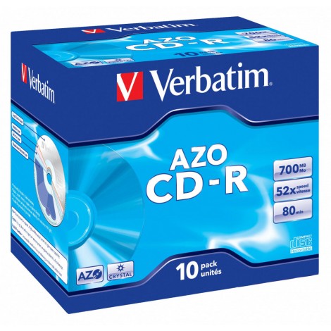 Verbatim 10 CD-R 700MB con velocità 52x e durata 80min con tecnologia AZO per protezione contro raggi UV, superficie Crystal per protezione maggio contro graffi, strato di argento per prestazioni superiori, in case