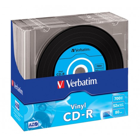 Verbatim 10 CD-R 700MB con velocità 52x e durata 80min con tecnologia AZO per protezione contro raggi UV, superficie in Vinile per un look retrò, strato di argento per prestazioni superiori, in case