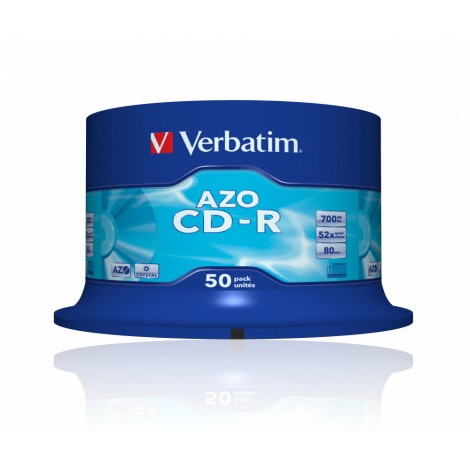 Verbatim 50 CD-R 700MB con velocità 52x e durata 80min con tecnologia AZO per protezione contro raggi UV, superficie Crystal per protezione maggio contro graffi, strato di argento per prestazioni superiori, in campana