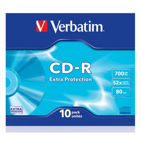 Verbatim 10 CD-R 700MB con velocità 52x e durata 80min con superficie extra protection ed uno strato di argento per prestazioni superiori, in case