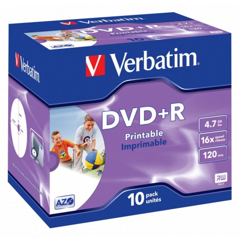 Verbatim 10 DVD+R 4.7GB con velocità 16x e durata 120min con tecnologia AZO per protezione contro raggi UV, superficie stampabile, strato di argento per prestazioni superiori, in case