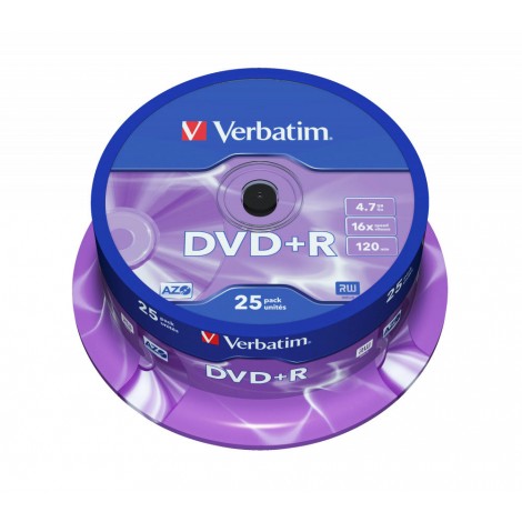 Verbatim 25 DVD+R 4.7GB con velocità 16x e durata 120min con tecnologia AZO per protezione contro raggi UV, superficie matt silver, strato di argento per prestazioni superiori, in campana