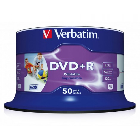 Verbatim 50 DVD+R 4.7GB con velocità 16x e durata 120min con tecnologia AZO per protezione contro raggi UV, superficie stampabile, strato di argento per prestazioni superiori, in campana