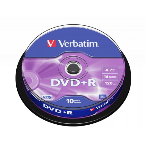 Verbatim 10 DVD+R 4.7GB con velocità 16x e durata 120min con tecnologia AZO per protezione contro raggi UV, superficie matt silver, strato di argento per prestazioni superiori, in campana