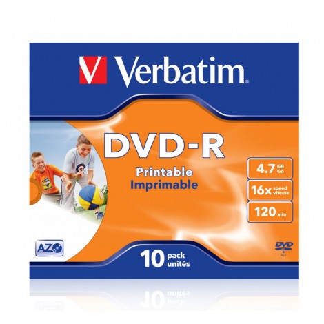 Verbatim 10 DVD-R 4.7GB con velocità 16x e durata 120min con tecnologia AZO per protezione contro raggi UV, superficie stampabile, strato di argento per prestazioni superiori, in case
