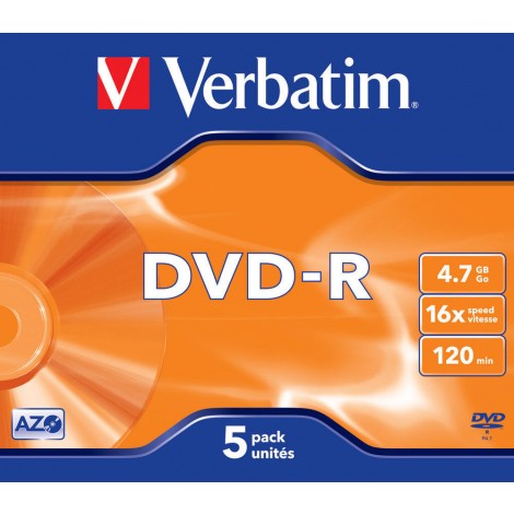 Verbatim 5 DVD-R 4.7GB con velocità 16x e durata 120min con tecnologia AZO per protezione contro raggi UV, superficie matt silver, strato di argento per prestazioni superiori, in case