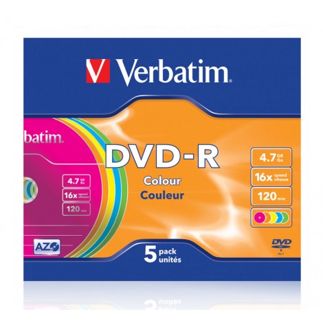 Verbatim 5 DVD-R 4.7GB con velocità 16x e durata 120min con tecnologia AZO per protezione contro raggi UV, superficie colorata, strato di argento per prestazioni superiori, in case