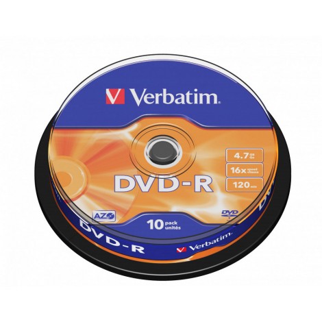 Verbatim 10 DVD-R 4.7GB con velocità 16x e durata 120min con tecnologia AZO per protezione contro raggi UV, superficie matt silver, strato di argento per prestazioni superiori, in campana