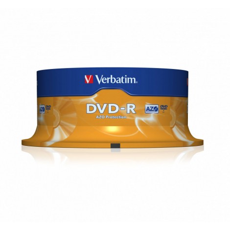 Verbatim 25 DVD-R 4.7GB con velocità 16x e durata 120min con tecnologia AZO per protezione contro raggi UV, superficie matt silver, strato di argento per prestazioni superiori, in campana