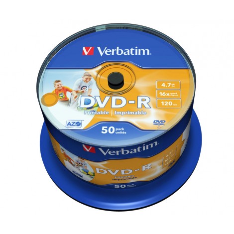 Verbatim 50 DVD-R 4.7GB con velocità 16x e durata 120min con tecnologia AZO per protezione contro raggi UV, superficie stampabile, strato di argento per prestazioni superiori, in campana