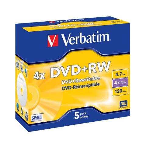 Verbatim 5 DVD+RW 4.7GB con velocità 4x e durata 120min con tecnologia SERL, superficie matt silver, strato di argento per prestazioni superiori, in case