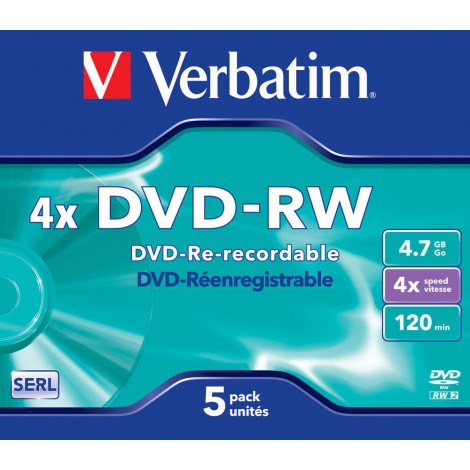 Verbatim 5 DVD-RW 4.7GB con velocità 4x e durata 120min con tecnologia SERL, superficie matt silver, strato di argento per prestazioni superiori, in case