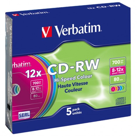 Verbatim 5 CD-RW 700MB con velocità 12x e durata 80min con tecnologia SERL, superficie colorata, strato di argento per prestazioni superiori, in case