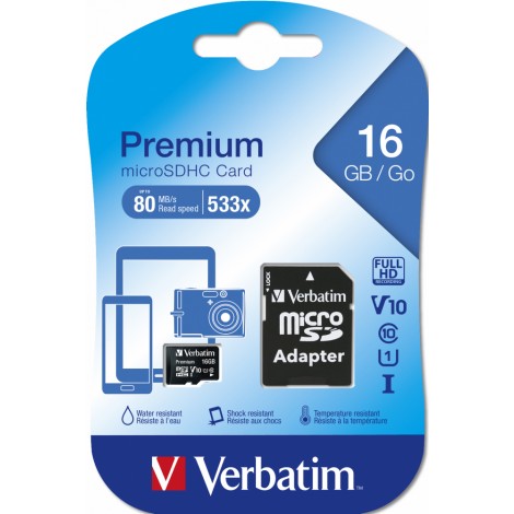Verbatim Micro SDHC Card 16GB, velocità di lettura fino a 80MB/s, velocità di scrittura fino a 10MB/s, adattatore incluso - 1pz