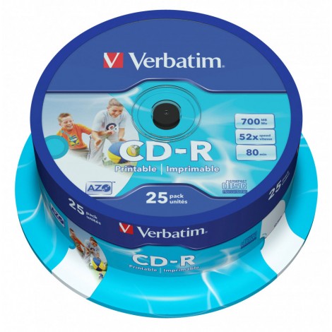Verbatim 25 CD-R 700MB con velocità 52x e durata 80min con tecnologia AZO per protezione contro raggi UV, superficie stampabile, strato di argento per prestazioni superiori, in campana