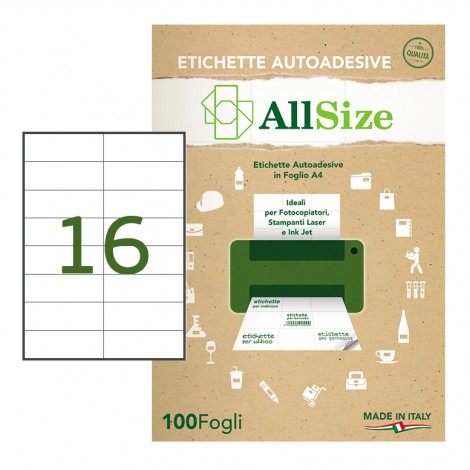 Rotolificio Pugliese 1.600 Etichette adesive in fogli A4 bianche permanenti senza margini (105x37mm), 16 etichette per foglio - 100 fogli - SM412