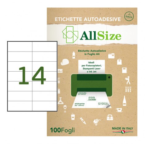 Rotolificio Pugliese 1.400 Etichette adesive in fogli A4 bianche permanenti senza margini (105x42mm), 14 etichette per foglio - 100 fogli - SM409