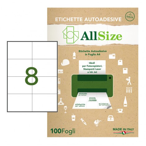 Rotolificio Pugliese 800 Etichette adesive in fogli A4 bianche permanenti senza margini (105x74mm), 8 etichette per foglio - 100 fogli - SM413